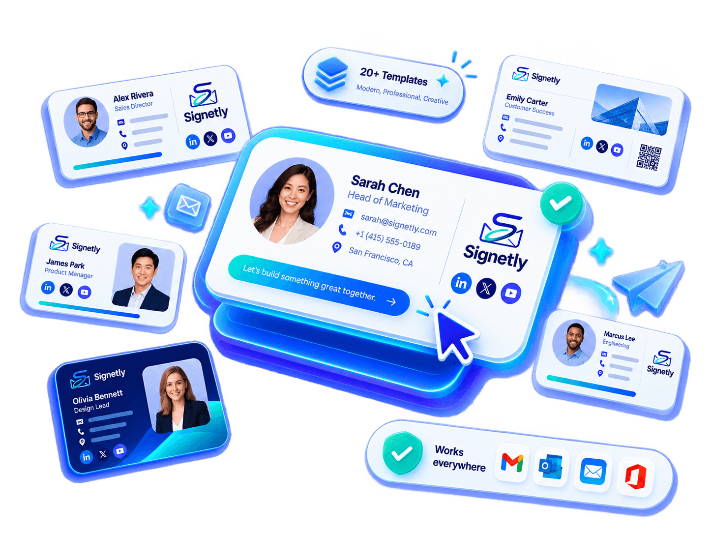 A spread of signature layouts — photo, logo-only, dark, QR code, two-column — above a badge reading works everywhere across Gmail, Outlook, Apple Mail and Office