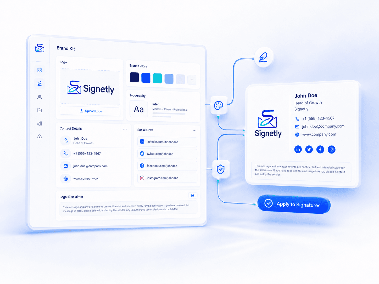 The brand kit screen: logo, brand colours, typography, contact details, social links and the legal disclaimer, applied to a signature
