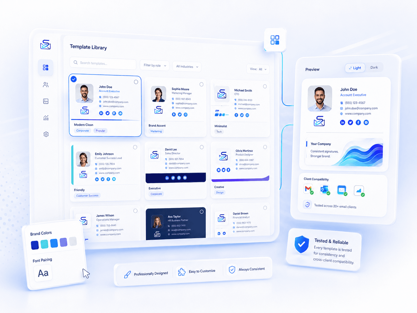 The template library: layouts filtered by role and industry, with a live preview and a cross-client compatibility check